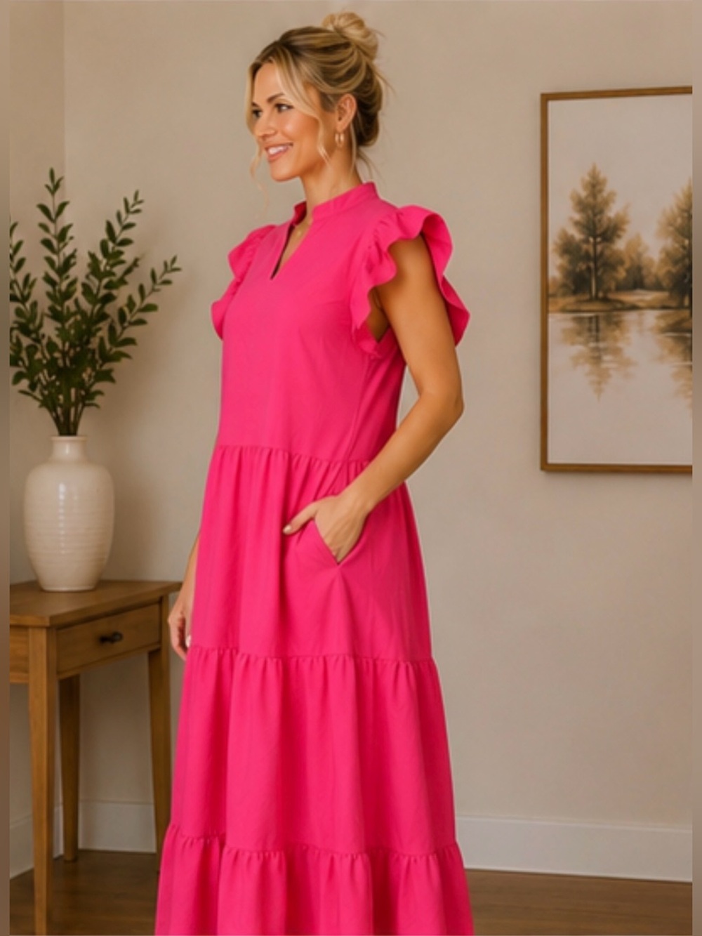 Hot Pink Tiered Maxi Dress Ruffle Sleeve V-Neck Size Medium - Picture 2 of 9